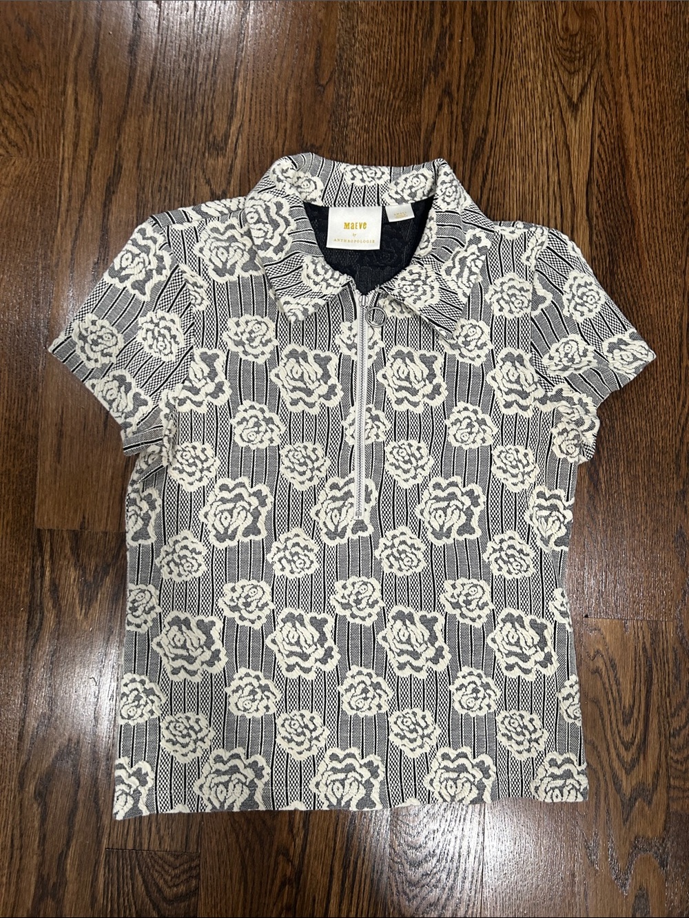 Maeve Black and Cream Floral Zip Polo Top